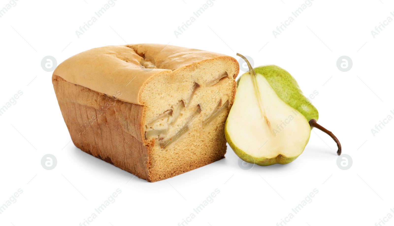 Photo of Tasty cut bread and pears isolated on white. Homemade cake