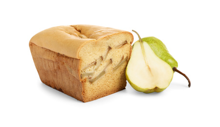 Photo of Tasty cut bread and pears isolated on white. Homemade cake