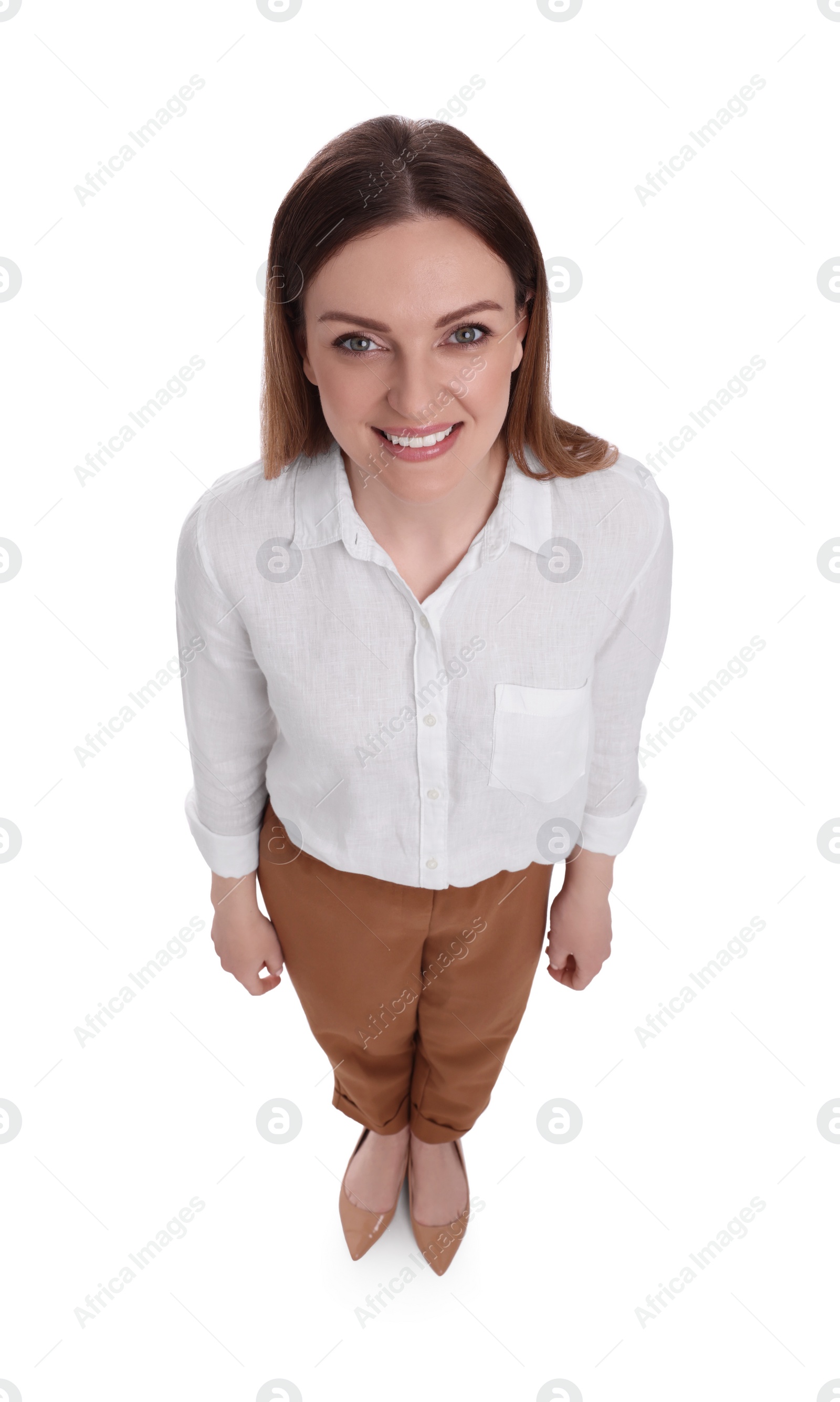 Photo of Beautiful happy businesswoman on white background, above view