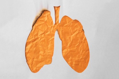 Photo of Smoked paper with hole in shape of human lungs, top view. No smoking concept