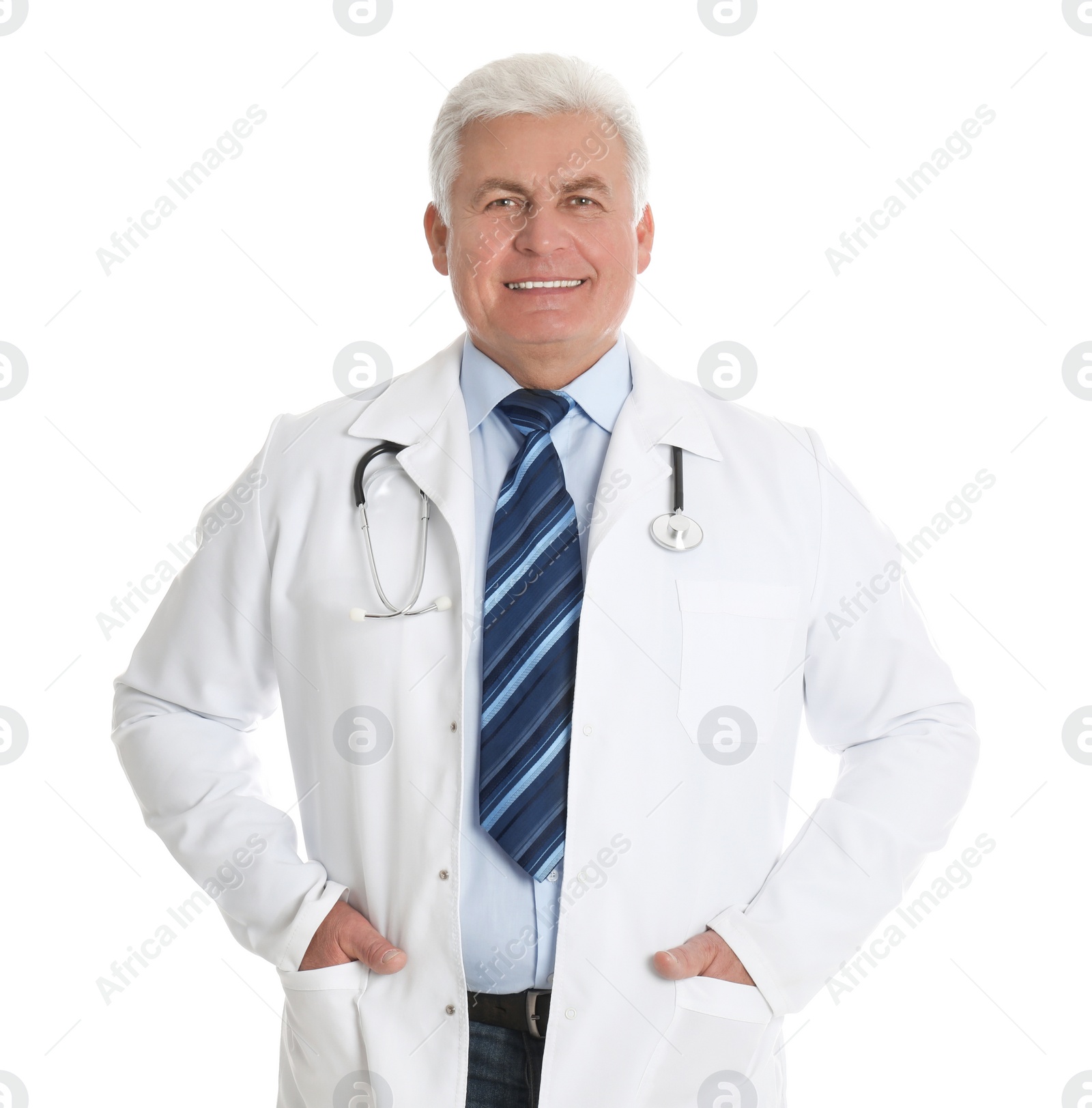 Photo of Senior doctor with stethoscope on white background