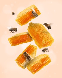 Image of Pieces of honeycomb in air and bees flying on beige background, bokeh effect