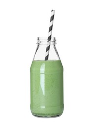 Photo of Tasty fresh green smoothie in bottle on white background