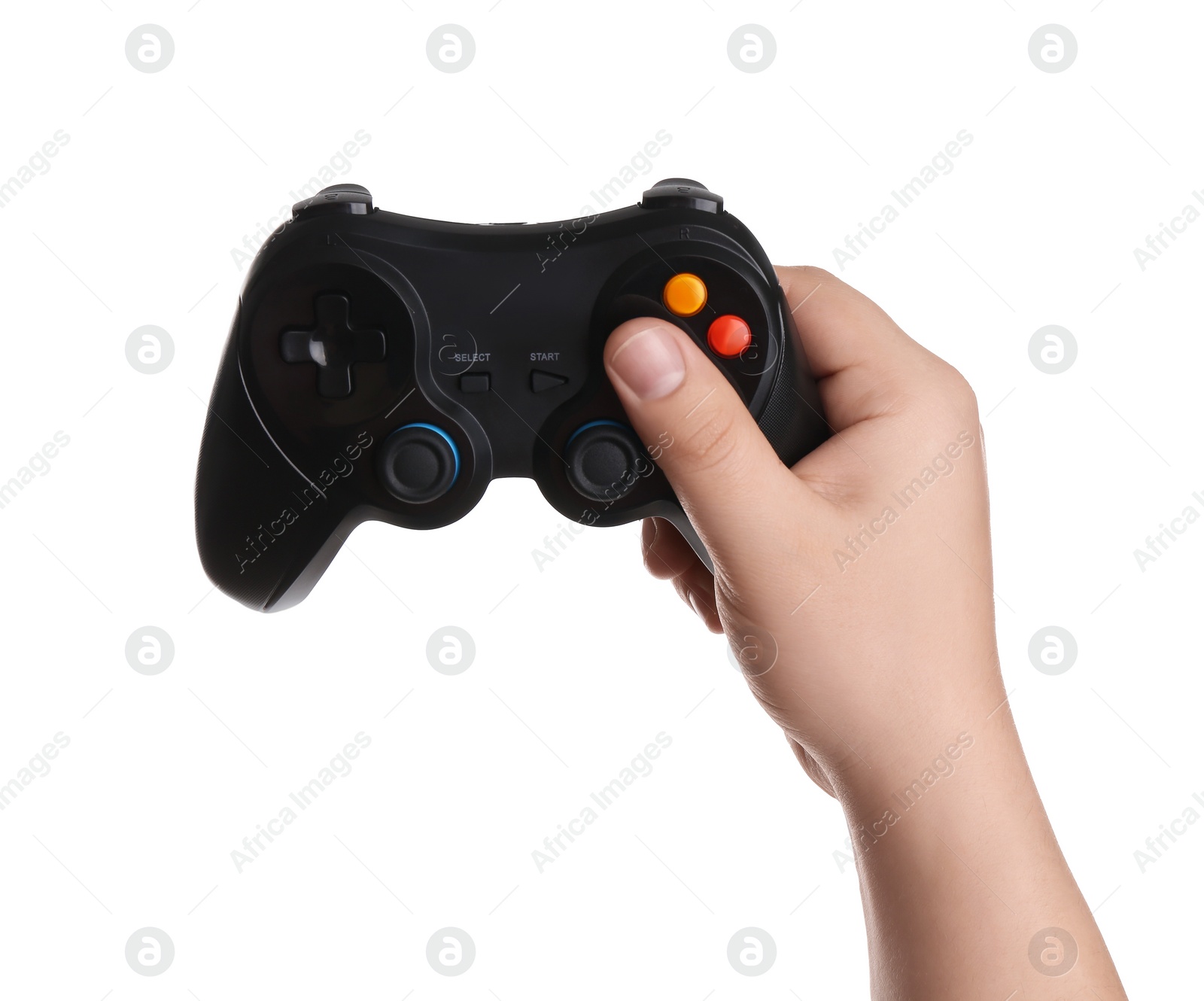 Photo of Woman using wireless game controller on white background, closeup