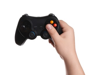 Woman using wireless game controller on white background, closeup