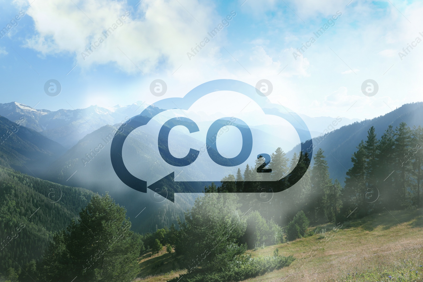 Image of Concept of clear air. CO2 inscription in illustration of cloud with arrow and beautiful mountain landscape