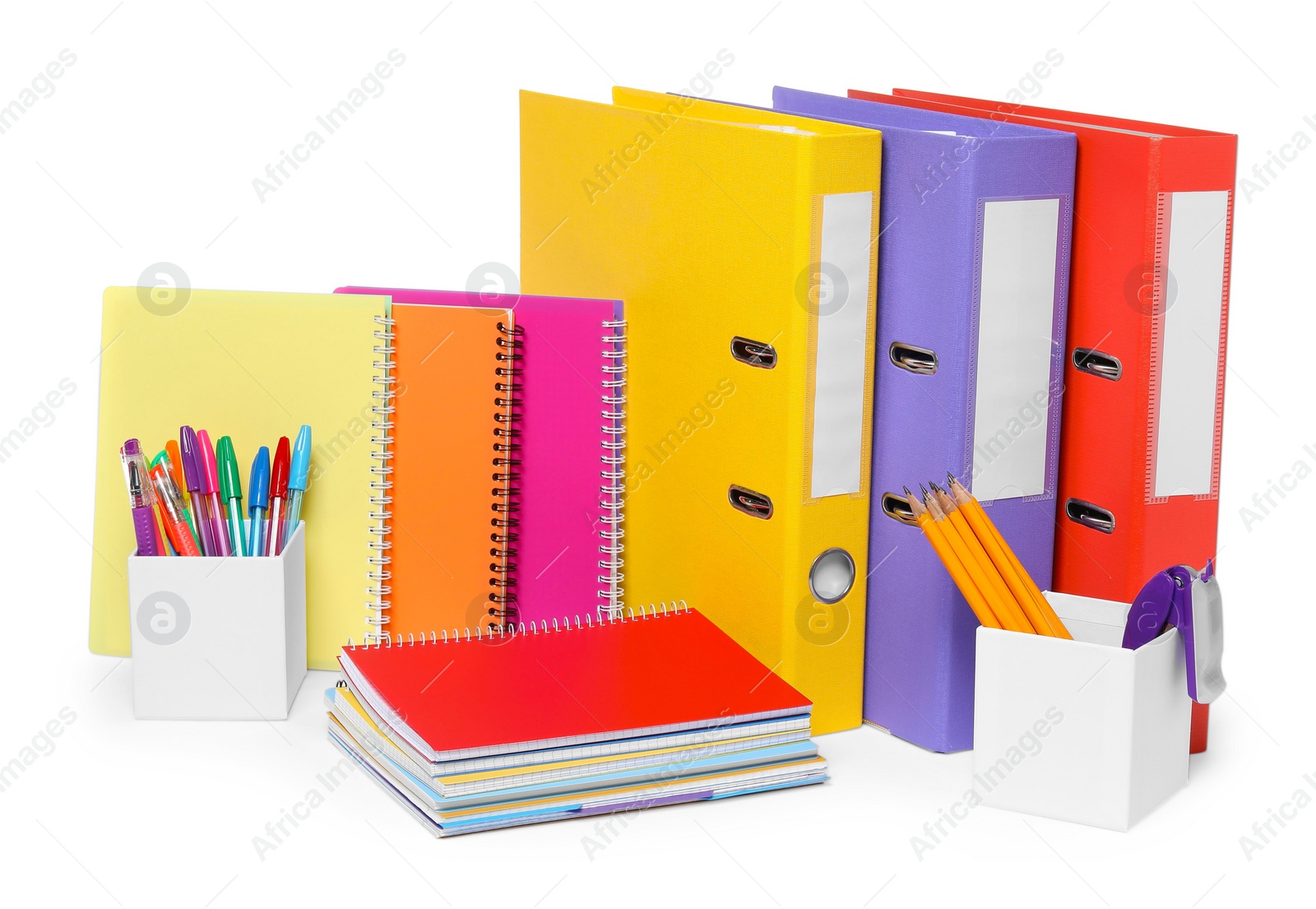Photo of Bright office folders and different stationery isolated on white