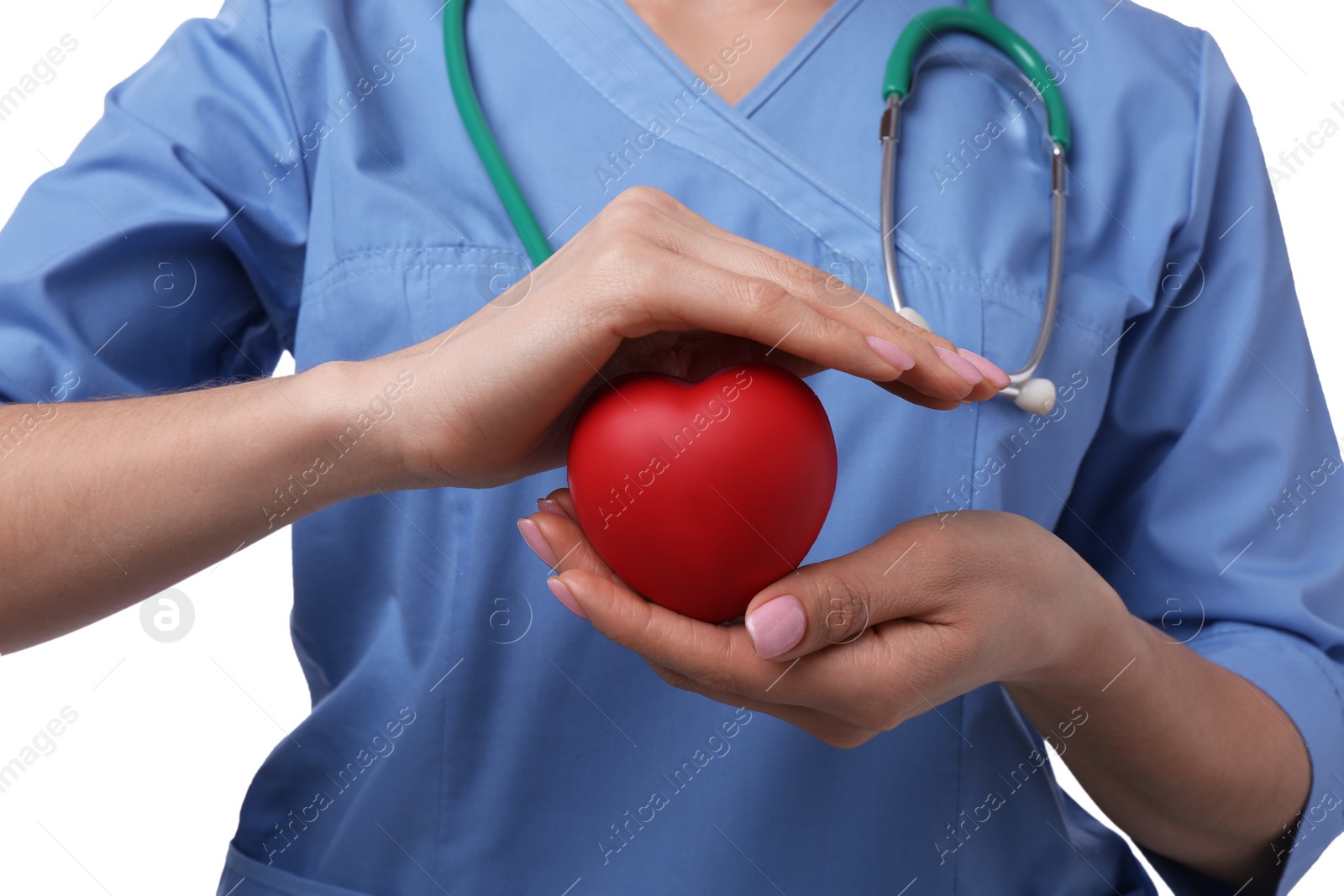 Photo of Doctor with stethoscope and red heart on white background, closeup. Cardiology concept