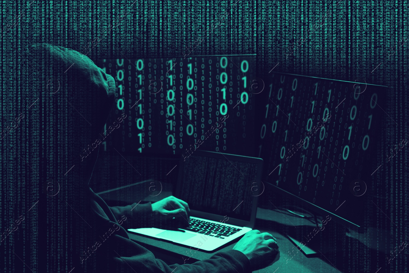 Image of Cyber attack. Anonymous hacker working with computers on dark background. Different codes around him