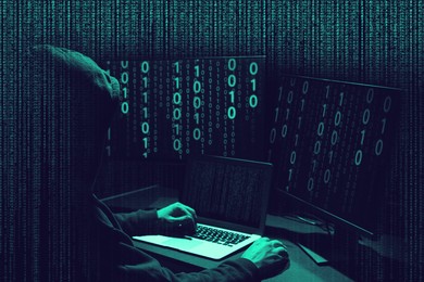 Image of Cyber attack. Anonymous hacker working with computers on dark background. Different codes around him