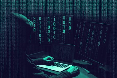 Cyber attack. Anonymous hacker working with computers on dark background. Different codes around him