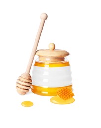 Image of Sweet honey in glass jar with blank label, wooden honey dipper and piece of honeycomb on white background. Mockup for design