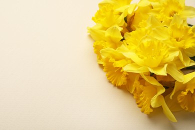 Beautiful daffodil bouquet on beige background, closeup. Space for text