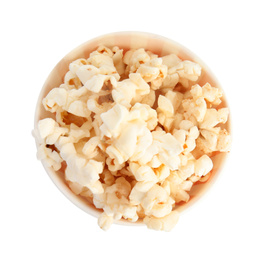 Photo of Bucket of tasty pop corn isolated on white, top view