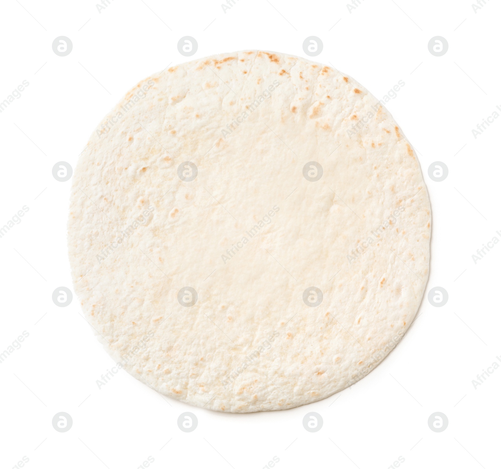 Photo of Corn tortilla on white background, top view. Unleavened bread