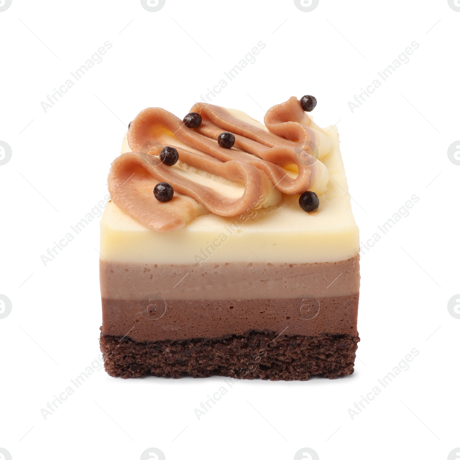 Photo of Piece of triple chocolate mousse cake on white background