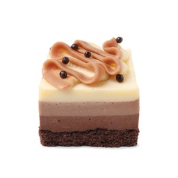 Photo of Piece of triple chocolate mousse cake on white background