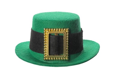 Photo of Green leprechaun hat isolated on white. Saint Patrick's Day accessory