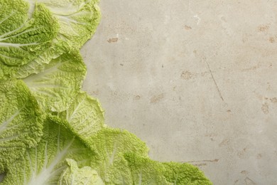 Fresh Chinese cabbage leaves on gray textured table, top view. Space for text