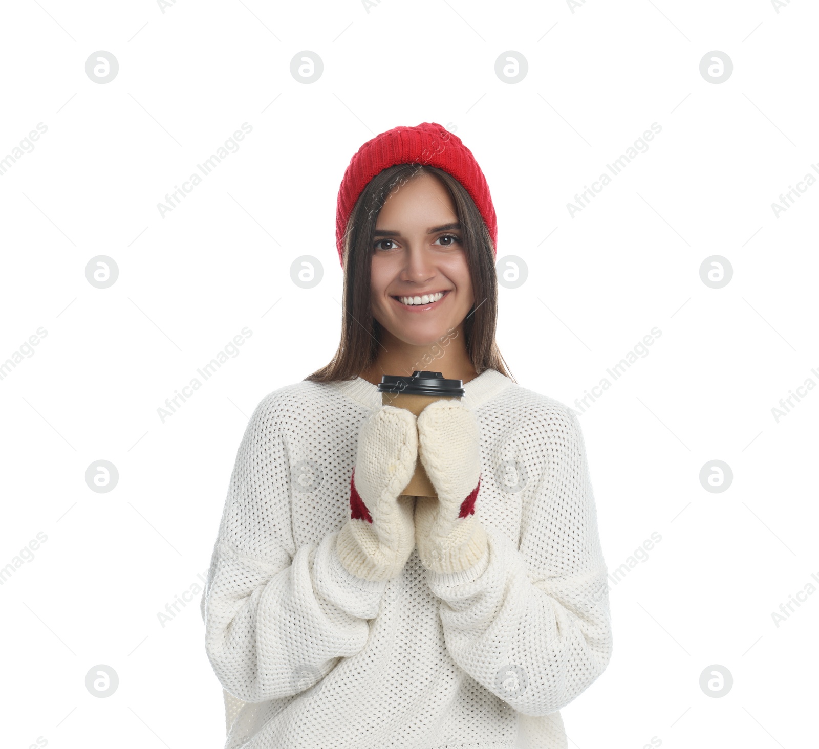 Photo of Happy beautiful woman with paper cup of mulled wine on white background