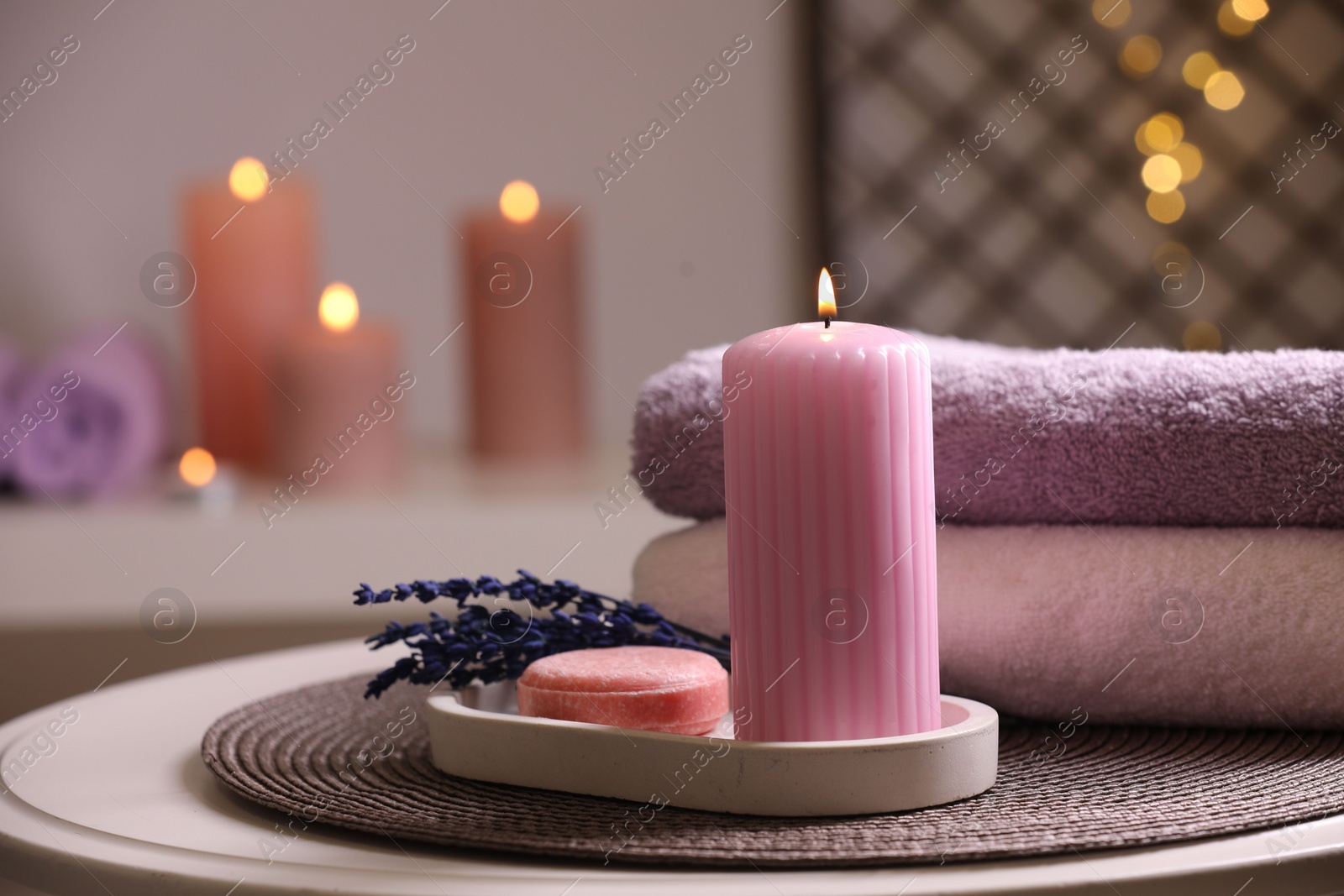 Photo of Beautiful composition with different spa products on white table indoors