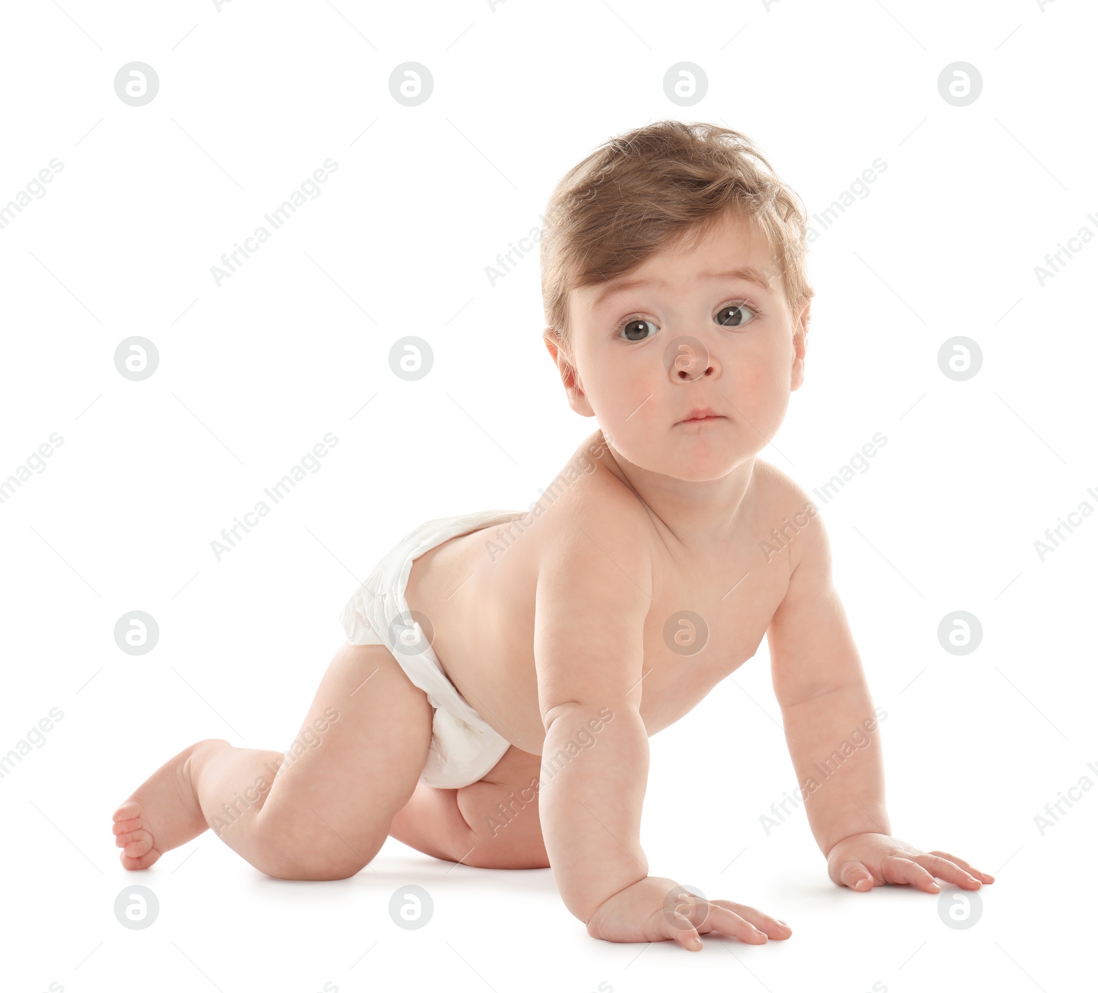 Photo of Cute little baby in diaper on white background