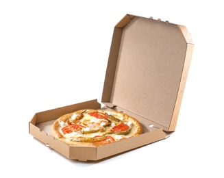 Open cardboard box with delicious pizza on white background. Food delivery