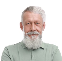 Image of Senior man before and after hair loss treatment on white background, collage