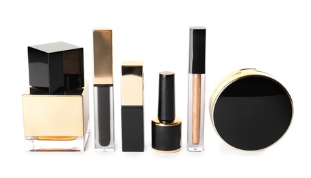 Photo of Set of luxury makeup products on white background