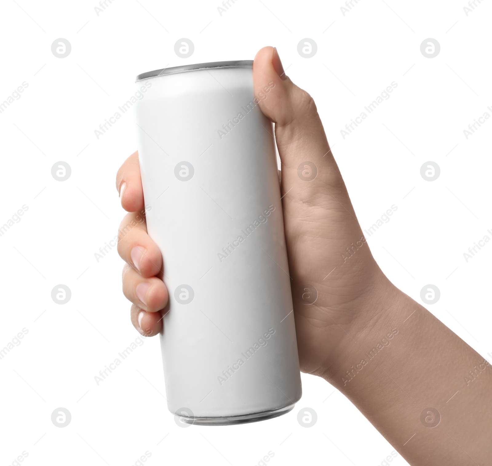 Photo of Woman holding aluminum can with beverage on white background, closeup. Mockup for design