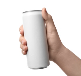 Photo of Woman holding aluminum can with beverage on white background, closeup. Mockup for design