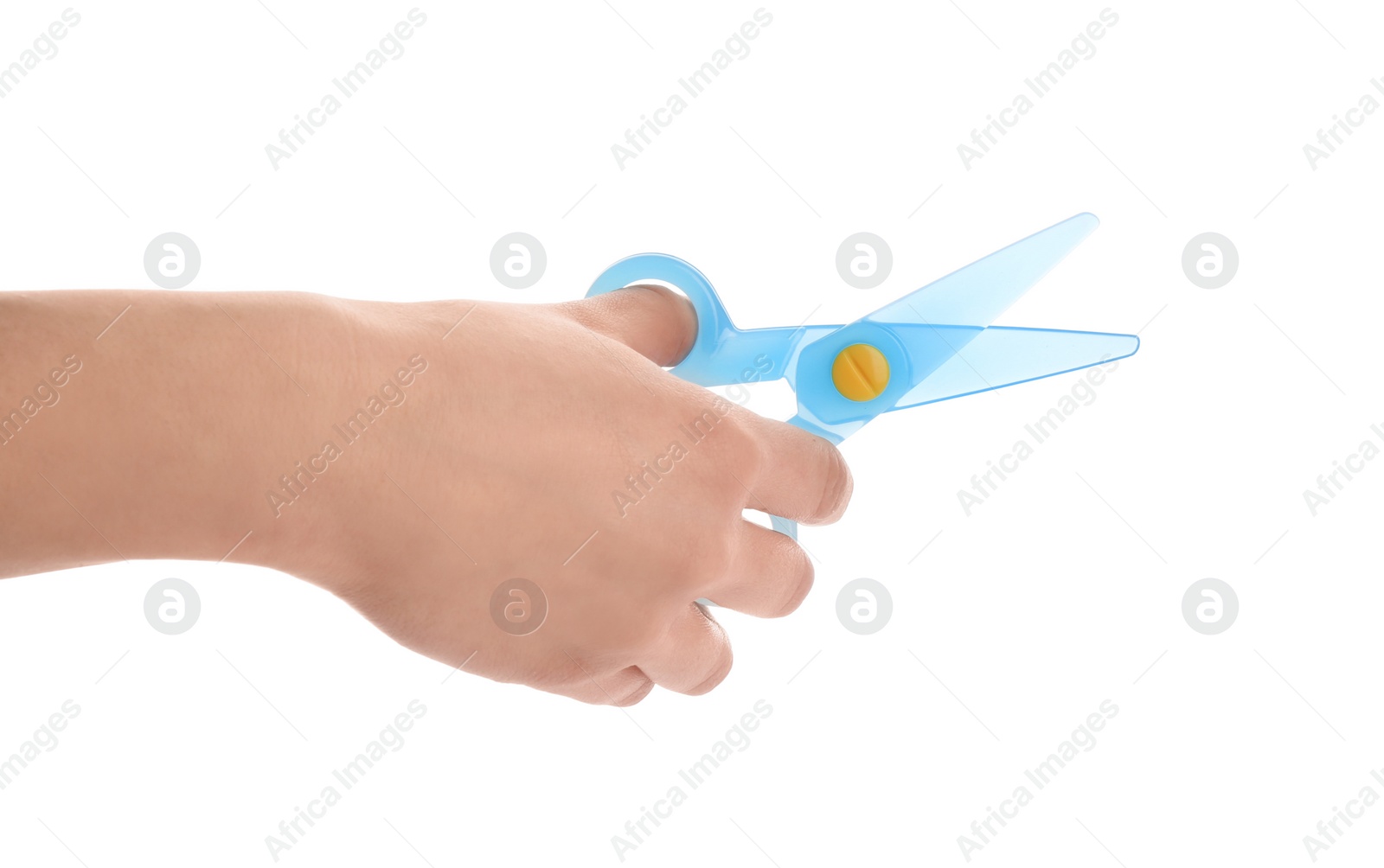 Photo of Woman holding colorful plastic scissors on white background, closeup