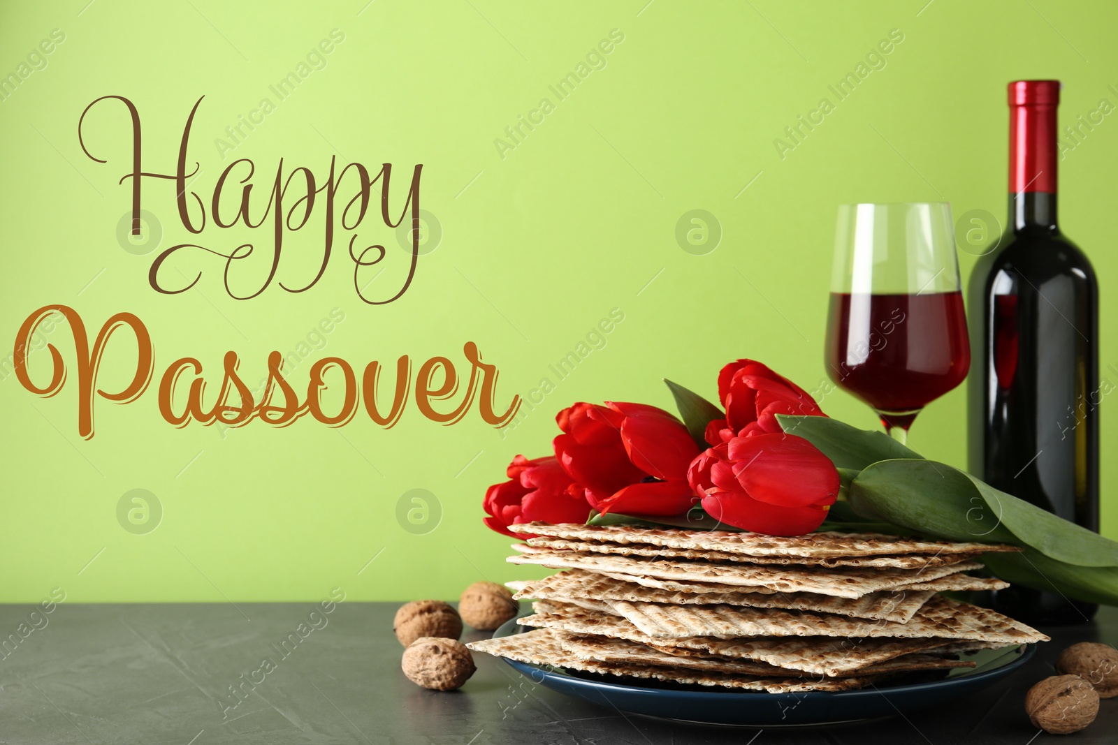 Image of Composition with Passover matzos on green background. Pesach celebration