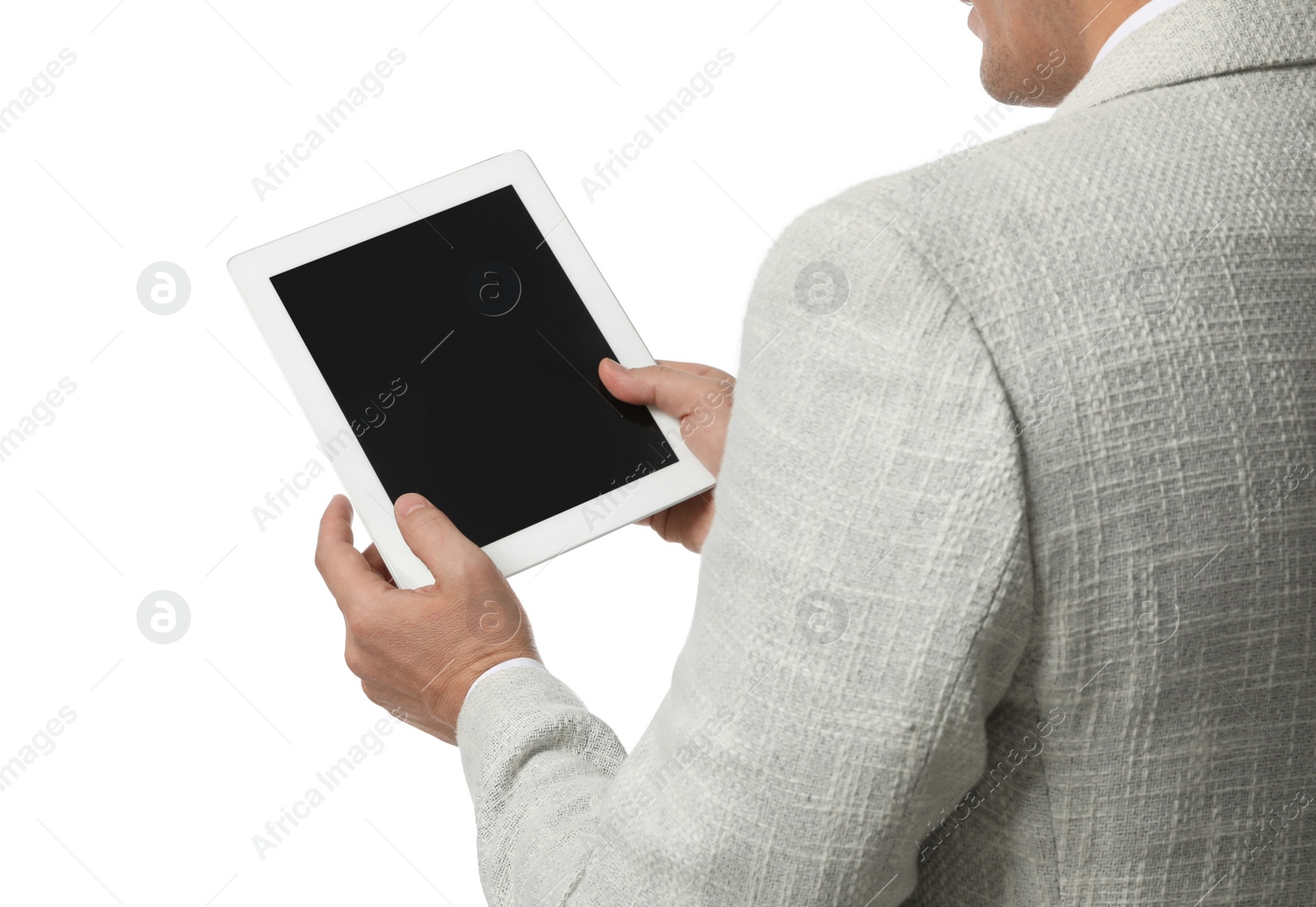 Photo of Businessman holding tablet computer on white background, closeup