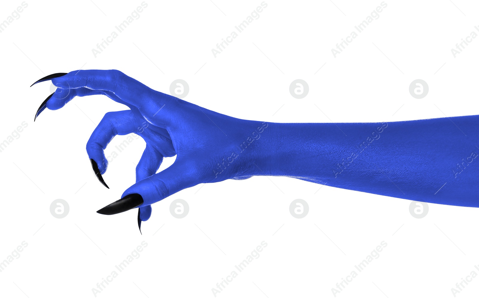 Image of Creepy monster. Blue hand with claws isolated on white