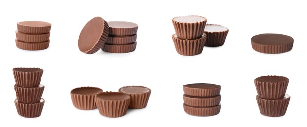 Image of Set with delicious peanut butter cups on white background. Banner design