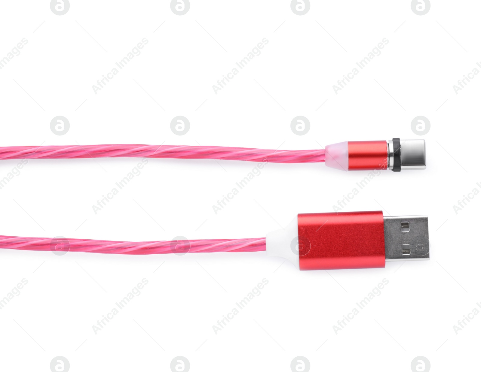 Photo of Red USB cable with type C connector isolated on white, top view