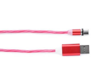 Red USB cable with type C connector isolated on white, top view