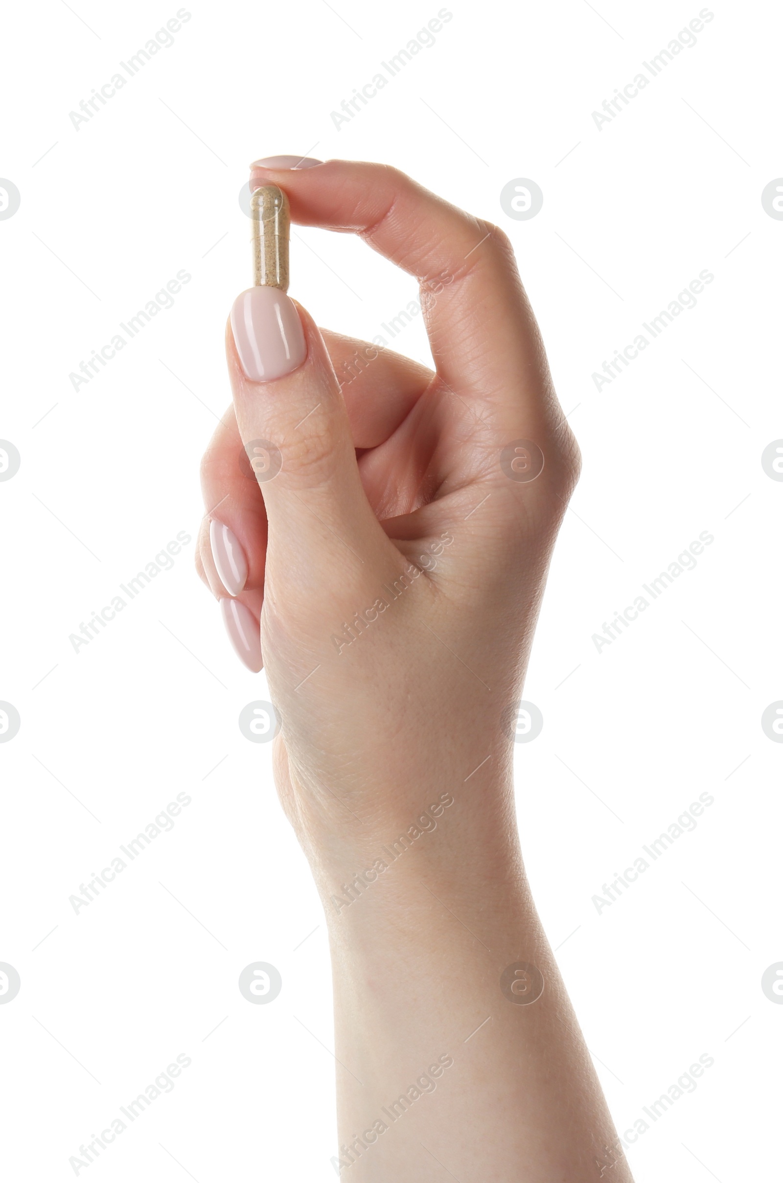 Photo of Woman holding vitamin capsule on white background, closeup. Health supplement