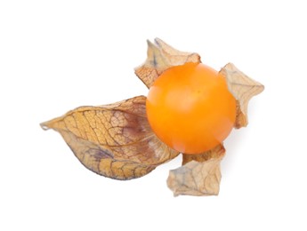 Photo of Ripe physalis fruit with calyx isolated on white, top view