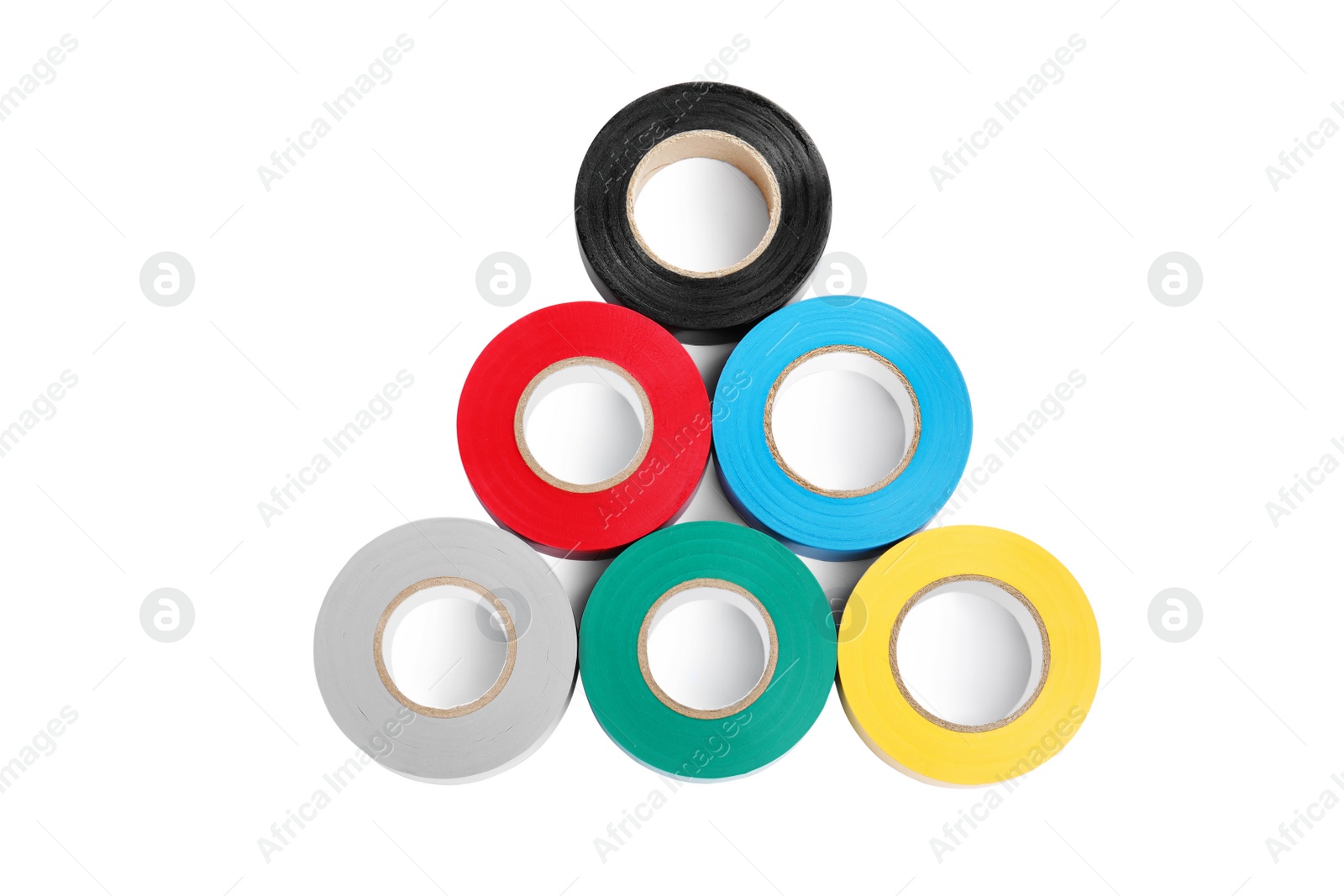 Photo of Colorful insulating tapes on white background, top view