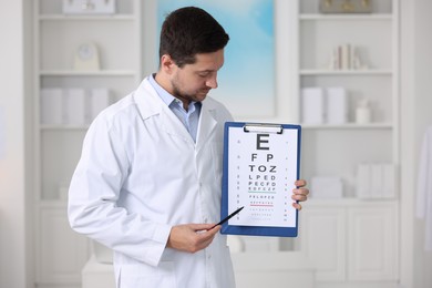 Ophthalmologist pointing at vision test chart in clinic