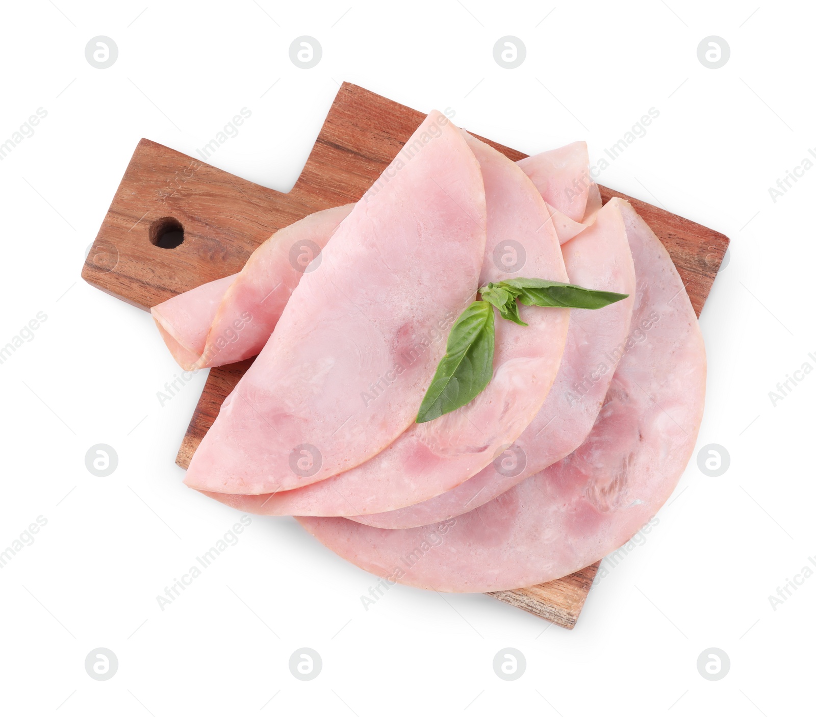 Photo of Slices of tasty ham and basil isolated on white, top view