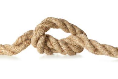 Photo of Hemp rope with knot on white background, closeup