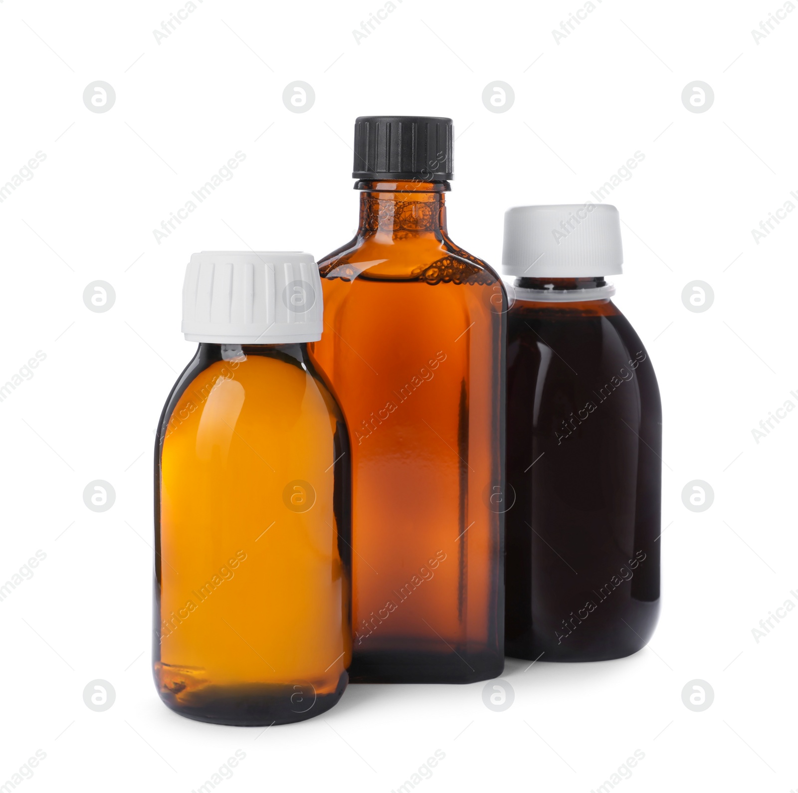 Photo of Bottles of syrups on white background. Cough and cold medicine