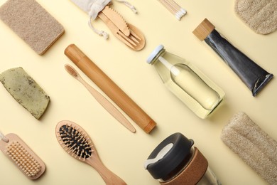 Photo of Flat lay composition with eco friendly products on beige background. Conscious consumption