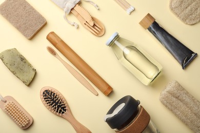 Flat lay composition with eco friendly products on beige background. Conscious consumption