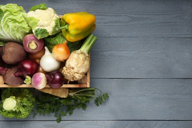 Photo of Different fresh vegetables in crate on wooden table, top view with space for text. Farmer harvesting