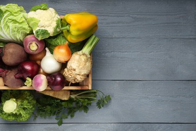 Different fresh vegetables in crate on wooden table, top view with space for text. Farmer harvesting