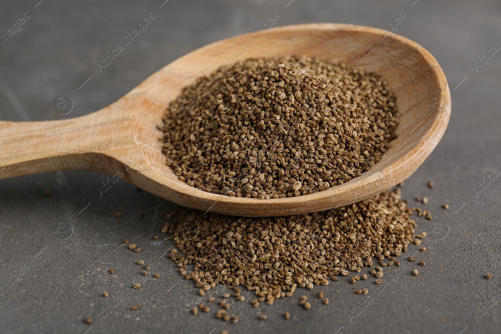 Photo of Spoon of celery seeds on grey table, closeup